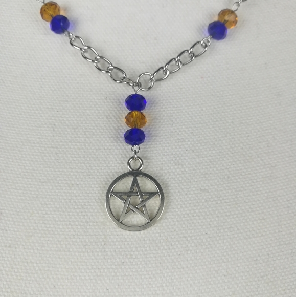 Fancy pentacle necklace blue & gold faceted glass beads witchy pagan new age - Picture 2 of 5